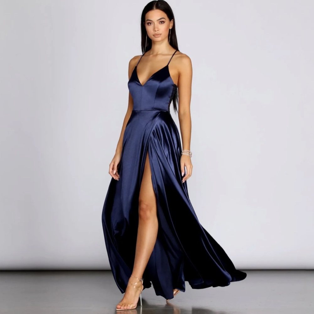 Navy Blue Lace Back Satin Dress in size XS  NWOT